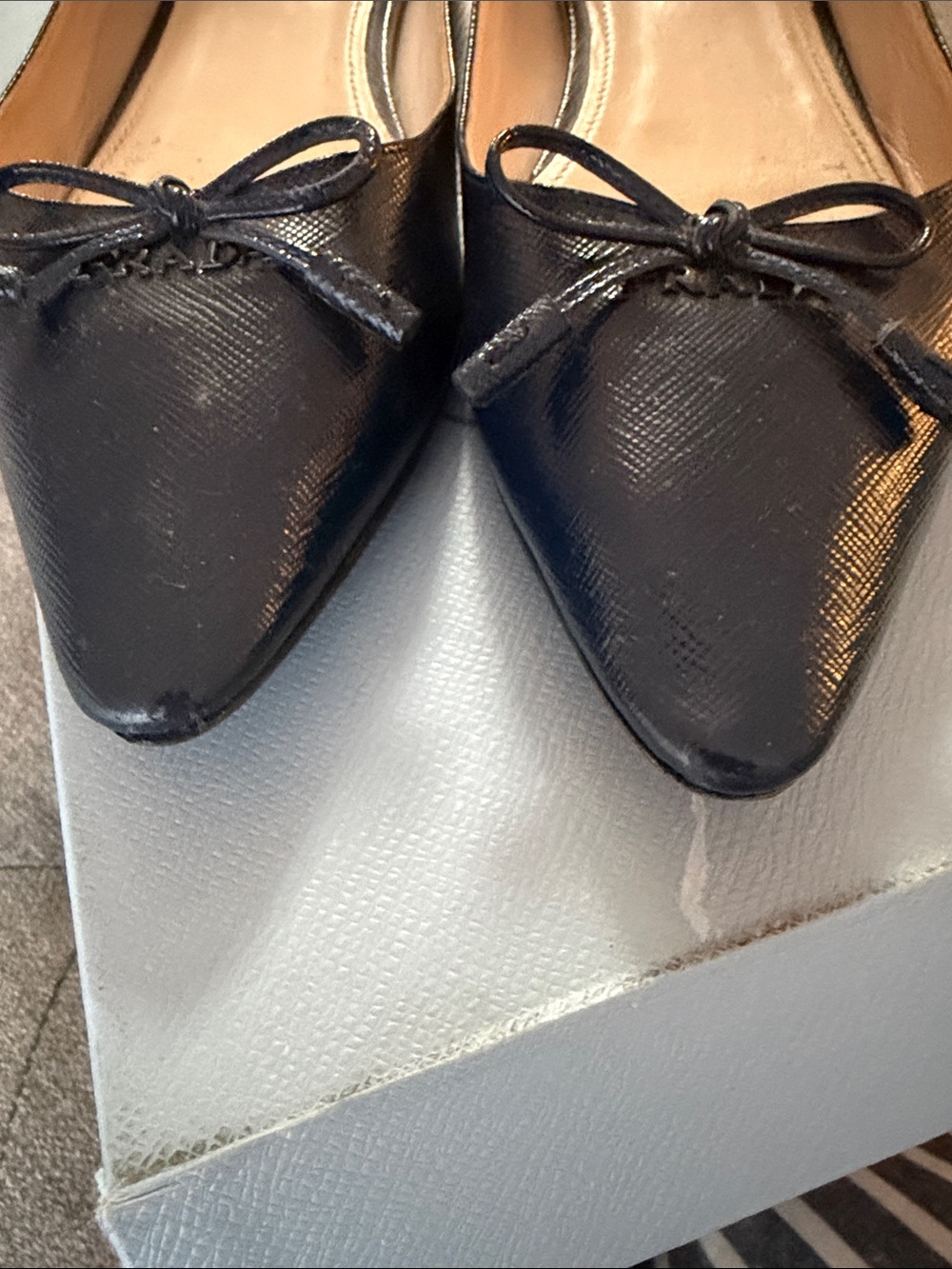 Prada Navy Textured Pointed Toe Bow Flats - Picture 4 of 5
